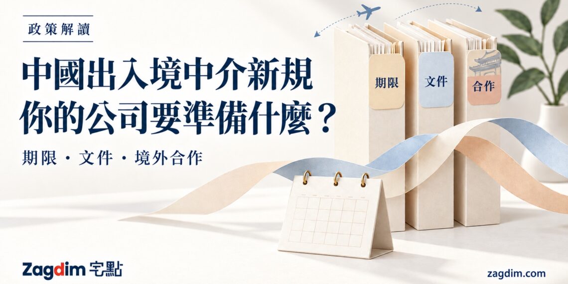 中國出入境中介新規:你的公司要準備什麼?以期限、文件、合作三組文件夾呈現備案重點,配有小型中式建築與出入境航線元素。AI 生成示意圖。