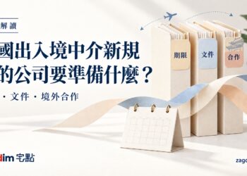 中國出入境中介新規:你的公司要準備什麼?以期限、文件、合作三組文件夾呈現備案重點,配有小型中式建築與出入境航線元素。AI 生成示意圖。