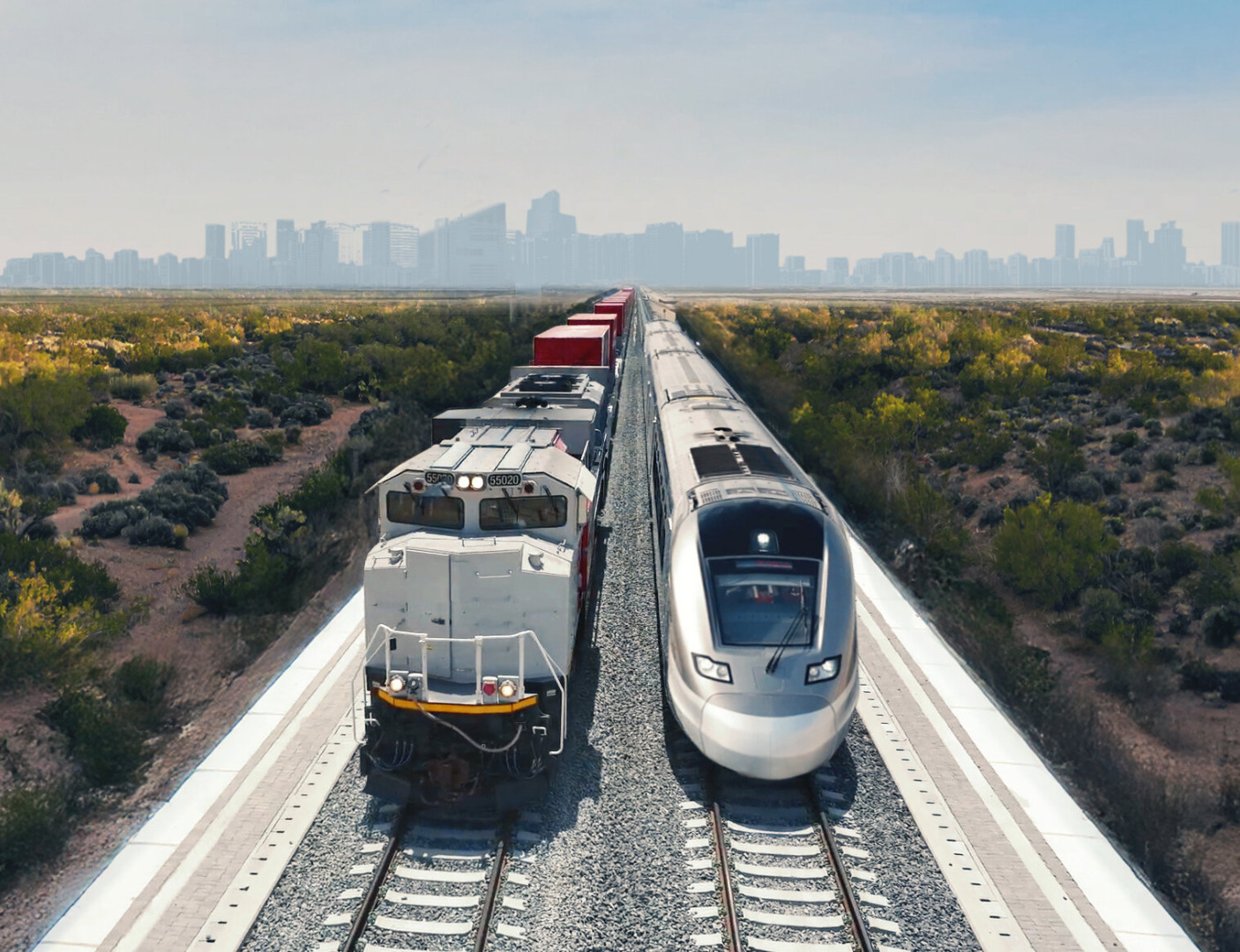 Etihad Rail 客運列車與貨運列車並行