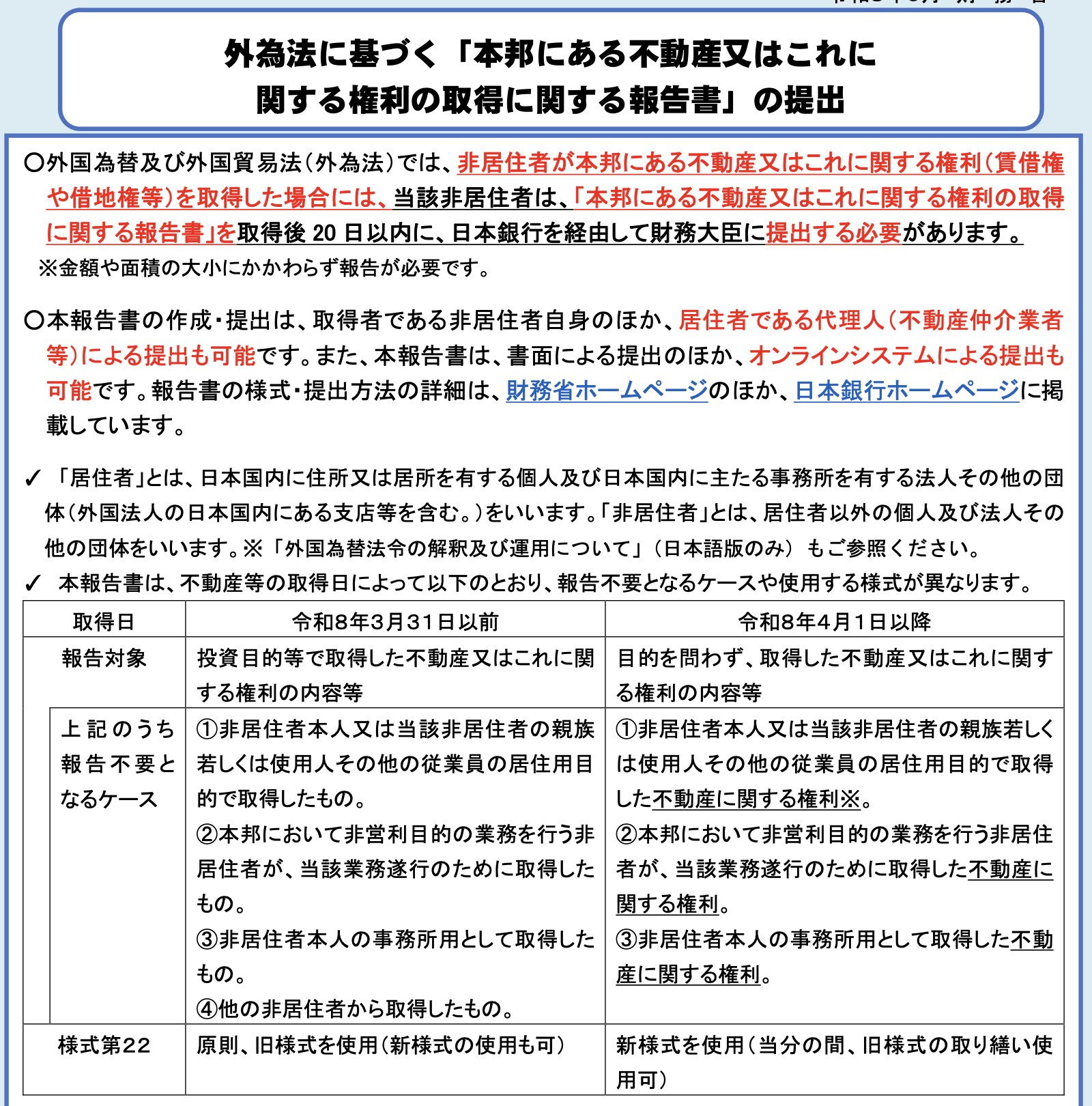 日本財務省傳單,說明非居住者取得日本不動產後須在 20 日內經日本銀行向財務大臣提出報告書,並比較 2026 年 3 月 31 日以前與 4 月 1 日以後的報告範圍
