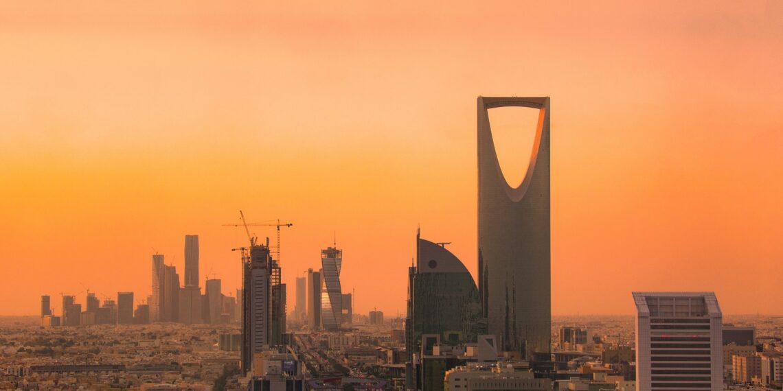 Riyadh skyline at sunset with the Kingdom Centre tower