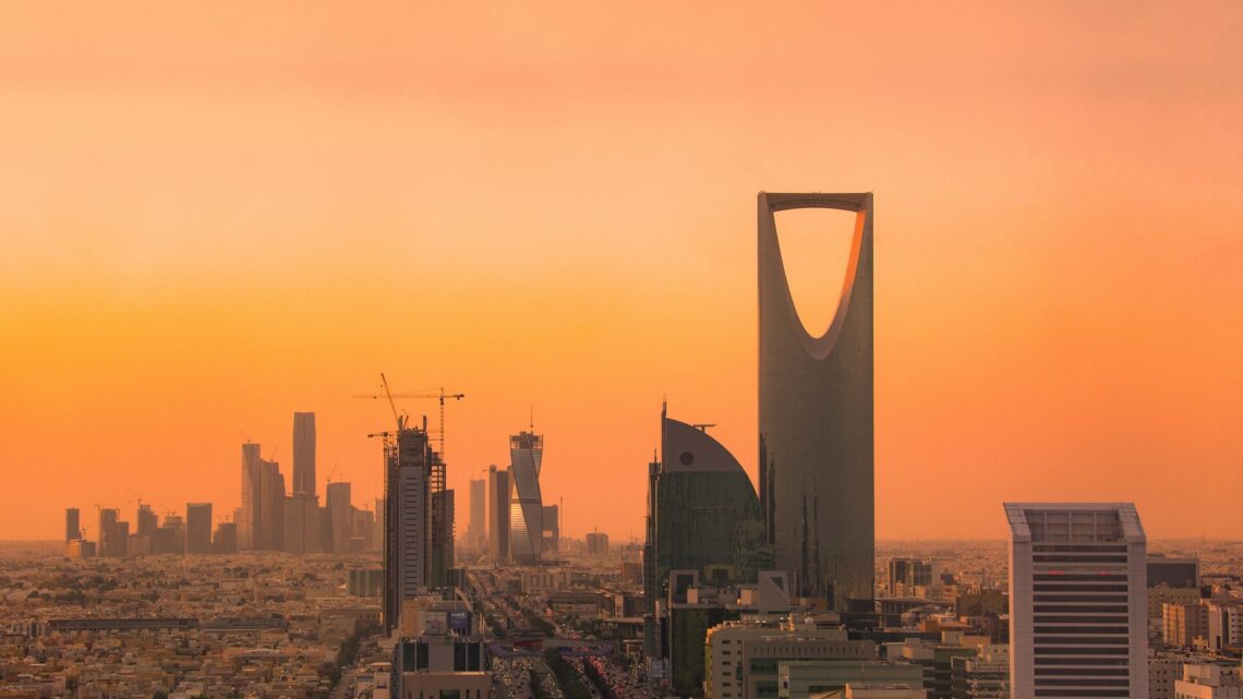 Riyadh skyline at sunset with the Kingdom Centre tower