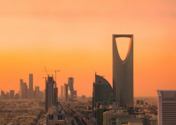 Riyadh skyline at sunset with the Kingdom Centre tower