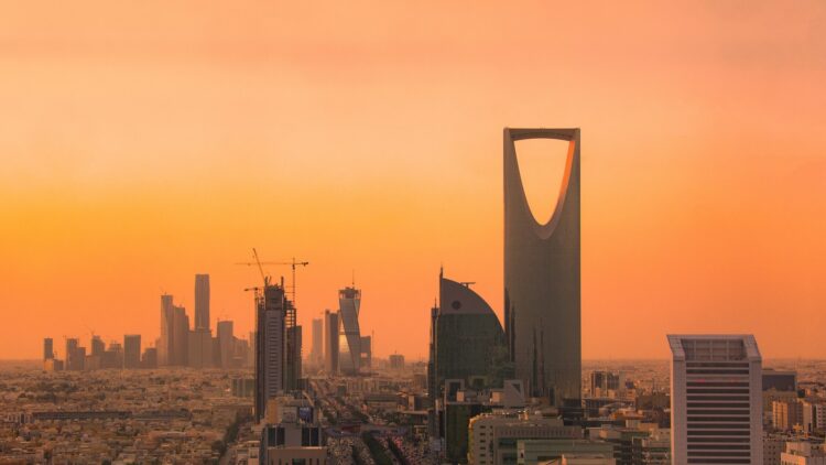 Riyadh skyline at sunset with the Kingdom Centre tower