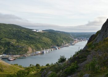 The Narrows and harbour of St. John's, Newfoundland and Labrador, seen from the surrounding hills