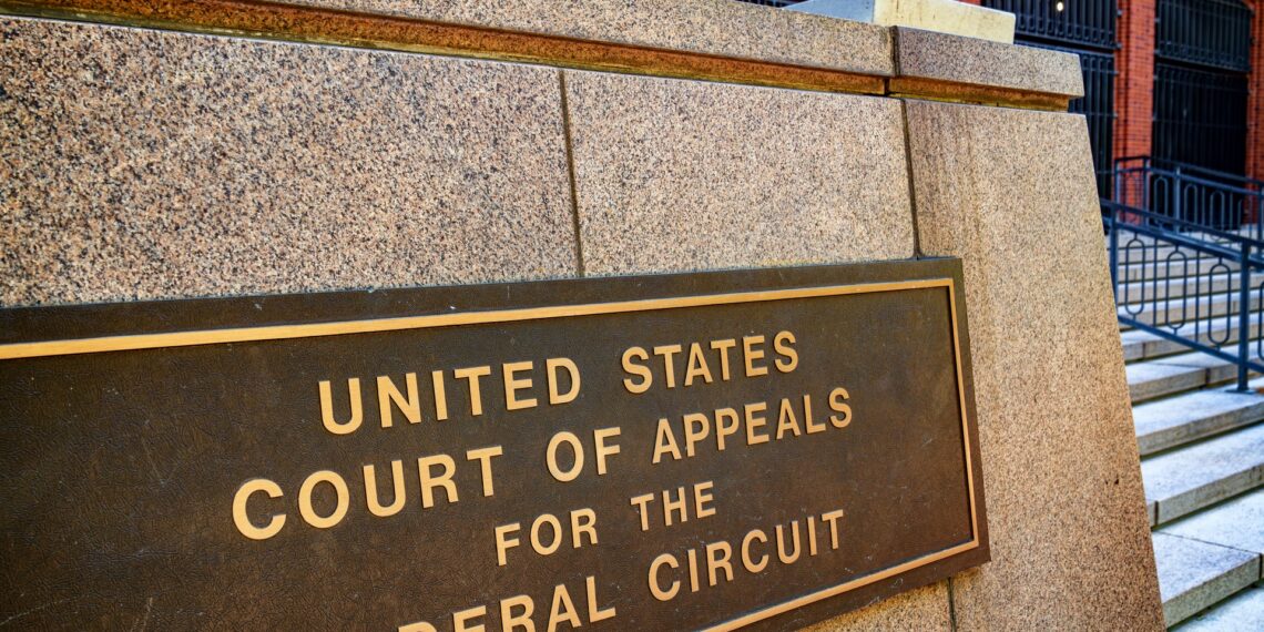 Engraved plaque reading 'United States Court of Appeals for the Federal Circuit' outside the courthouse in Washington, D.C., the court that issued the ruling in the story