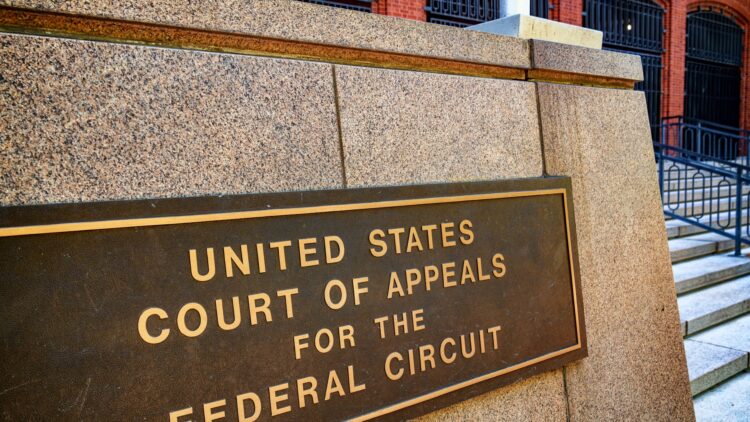 Engraved plaque reading 'United States Court of Appeals for the Federal Circuit' outside the courthouse in Washington, D.C., the court that issued the ruling in the story