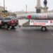 Mock missile trailer reading 'No Farmers No Food' towed through central London during a farmers' inheritance tax protest