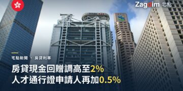 中環滙豐總行大廈與渣打銀行大廈實景,配文「房貸現金回贈調高至2%,人才通行證申請人再加0.5%」