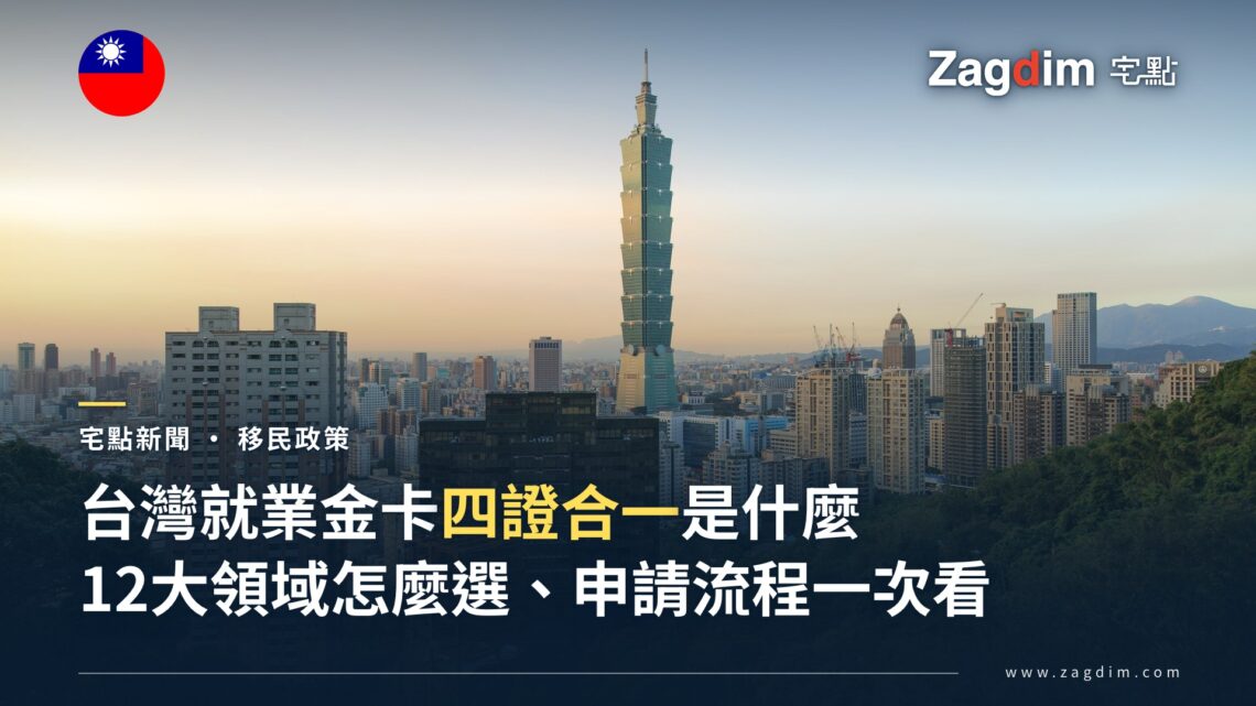 台北101大樓與信義區天際線夕陽空拍景觀,象徵台灣就業金卡(四證合一外國專業人才居留制度)主題