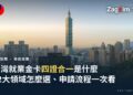台北101大樓與信義區天際線夕陽空拍景觀,象徵台灣就業金卡(四證合一外國專業人才居留制度)主題