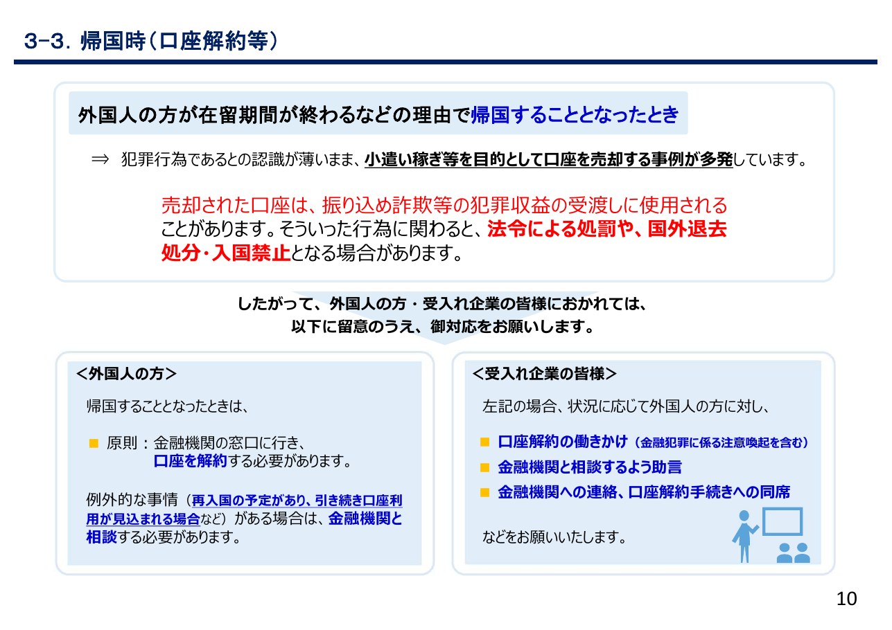 金融廳外國人金融說明資料第 10 頁「帰国時(口座解約等)」,寫明原則解約,有再入國預定等例外要與金融機關商量