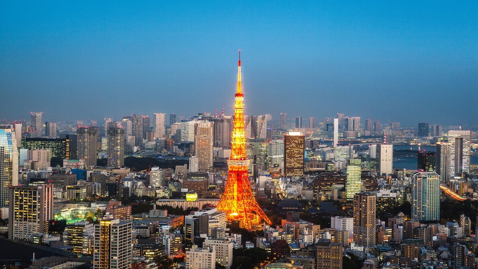 傍晚亮燈的東京鐵塔與城市天際線,日本生活、事業與房產服務情境