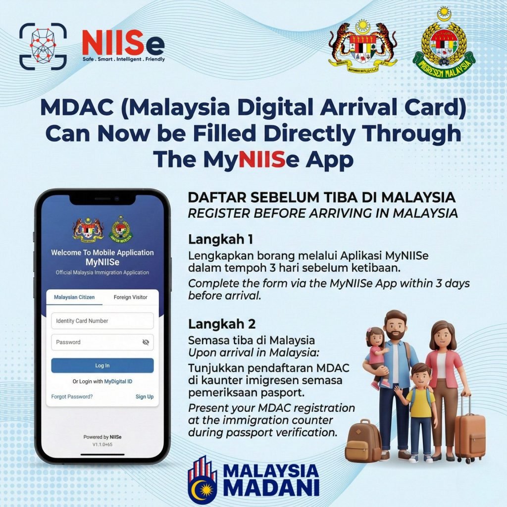 馬來西亞移民局公告圖卡，說明可透過 MyNIISe App 在抵達前 3 天內填報 MDAC，抵達時在移民櫃檯出示登記
