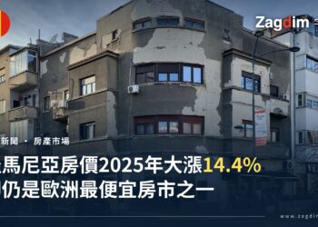布加勒斯特一棟住宅公寓樓街景,底層為商舖、上方為多層住宅陽台