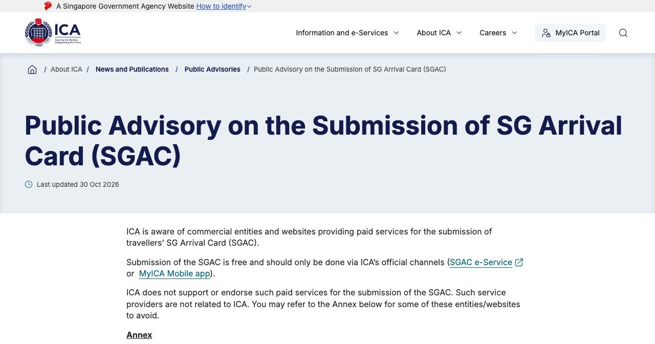 ICA 公共警示頁面,說明 SGAC 免費且只應透過官方渠道提交,ICA 不支持收費代辦服務