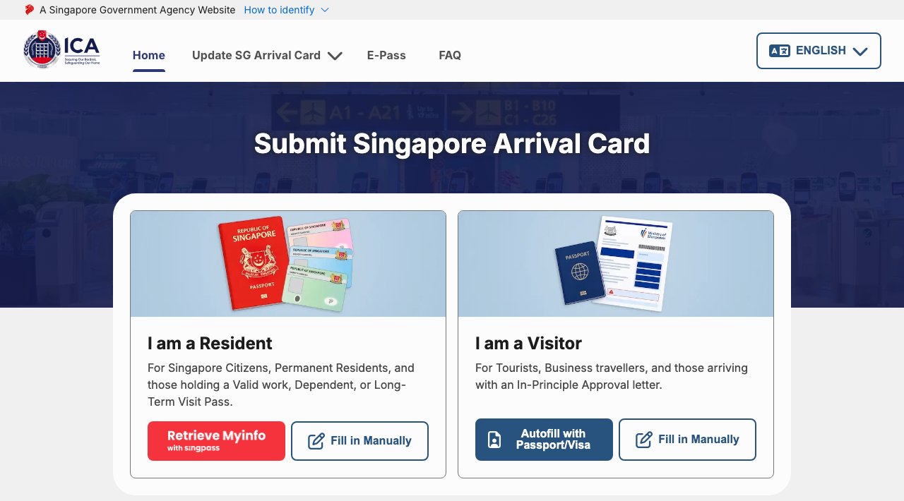 ICA 的 SG Arrival Card 官方入口,分為 I am a Resident 與 I am a Visitor 兩個入口
