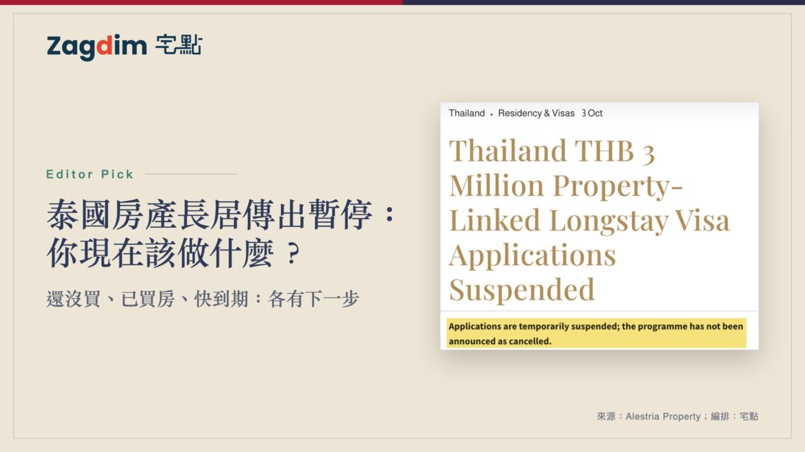 Alestria報導頁局部與房產申請階段示意,說明泰國長居路徑傳出暫停遞件。