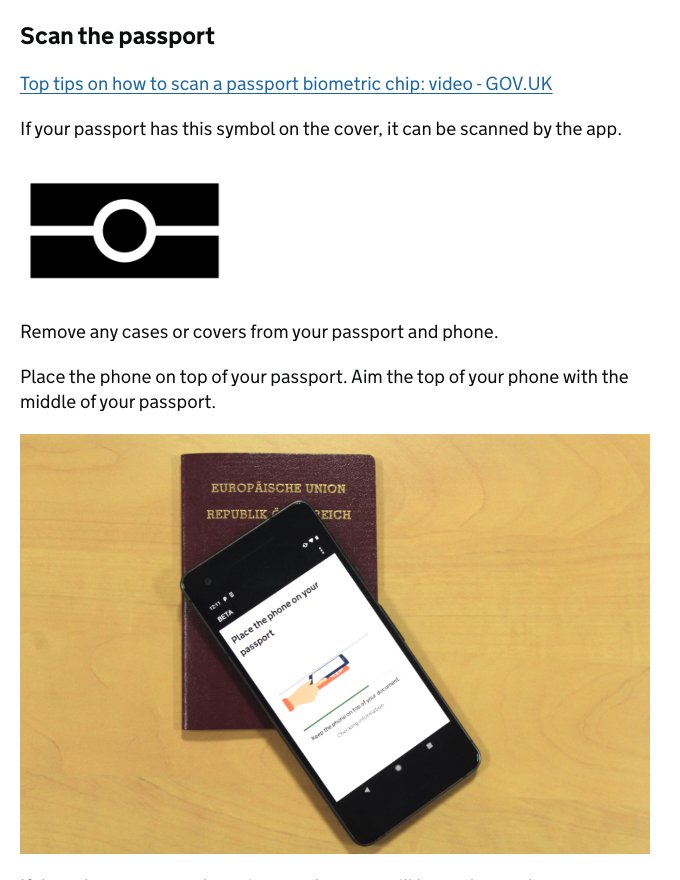 UK ETA App 指引的護照晶片掃描說明,電子護照封面標誌與手機放在護照上方的位置示意