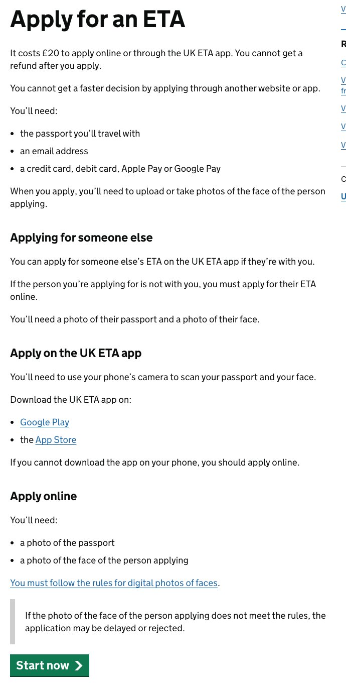 GOV.UK 申請 ETA 頁面,列出費用 20 英鎊、所需護照、電子郵件與付款方式,以及 UK ETA App 與 Start now 入口