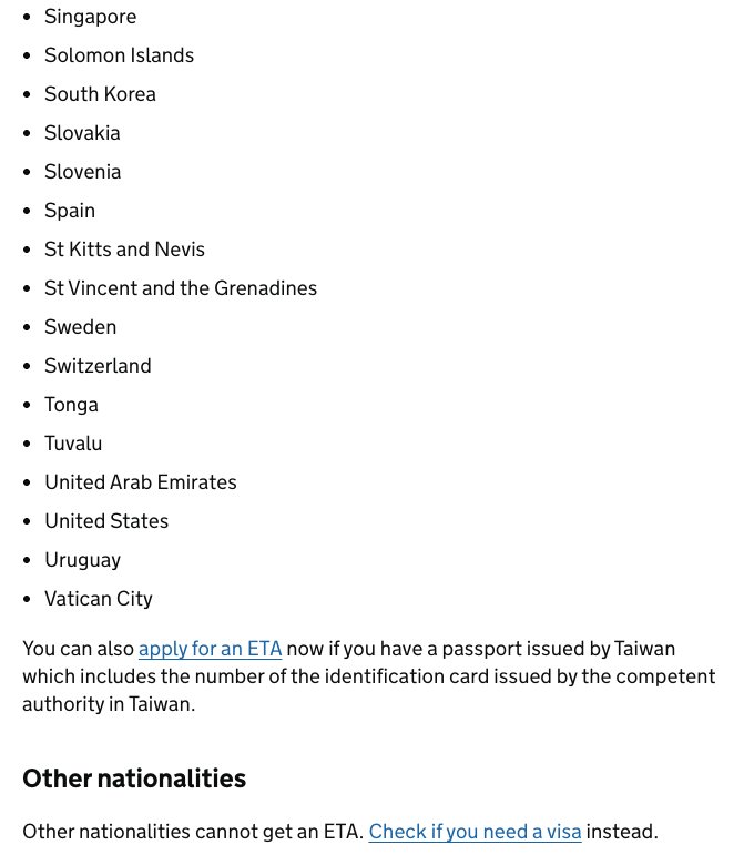 GOV.UK 可申請 ETA 的國籍名單末段,含新加坡等,另註明台灣護照須內含身份證字號,其他國籍不能申請 ETA