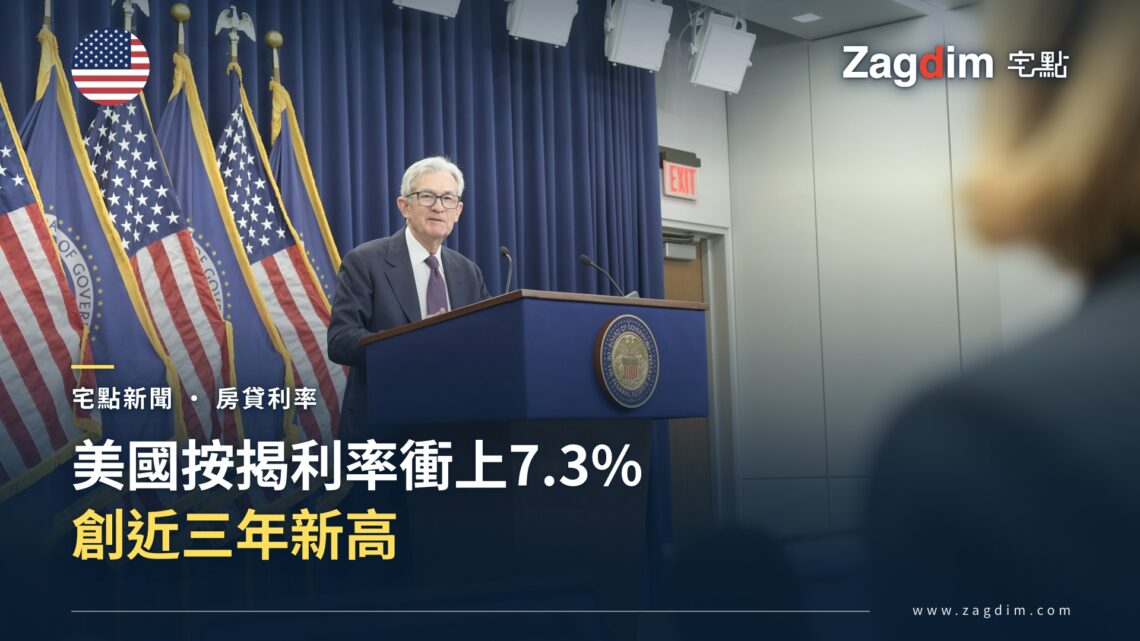 聯準會主席鮑爾在記者會上發言,旁為美國國旗與聯準會徽章——美國30年期房貸利率升至三年新高7.3%