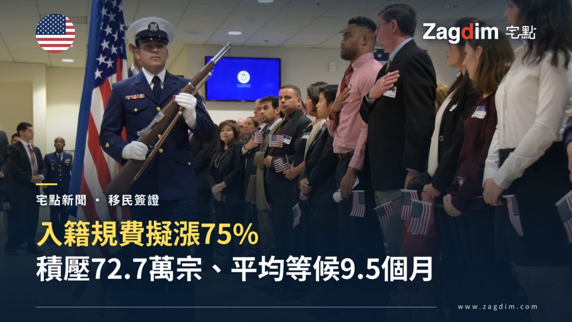 美國國土安全部色衛隊與一列新公民在入籍宣誓儀式上手按胸口宣誓效忠,背景螢幕顯示USCIS標誌