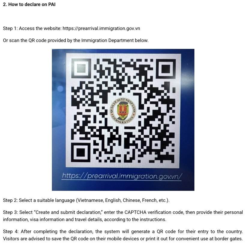越南公安部官網說明 PAI 入境預先申報的四個步驟與官方入口 QR code